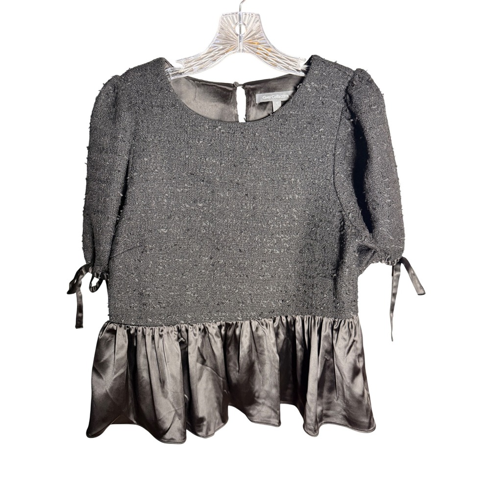 Grey Collective Peplum Top‎ Women 10 Grey Polyester Tweed Puff Sleeve Blouse